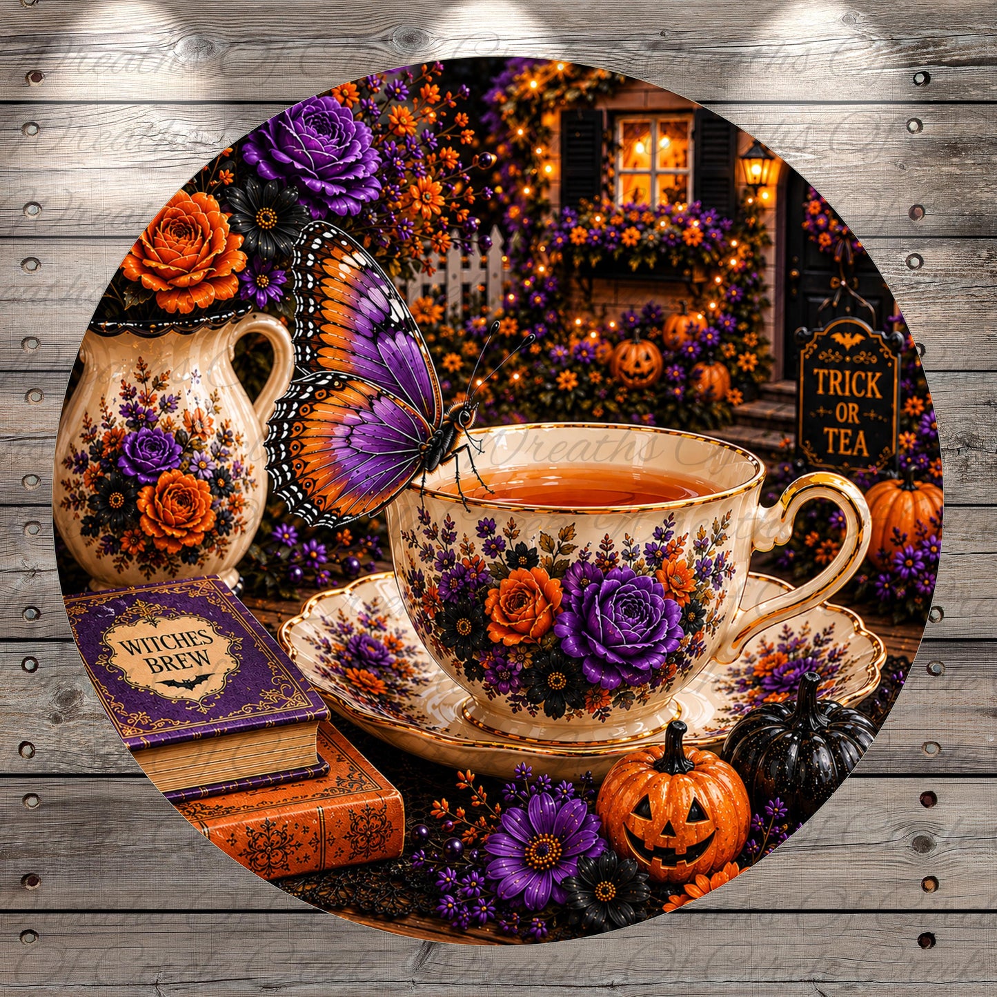 A whimsical Halloween-themed still life featuring a teacup with a butterfly, a pumpkin, a book, and other autumn-themed decorations.