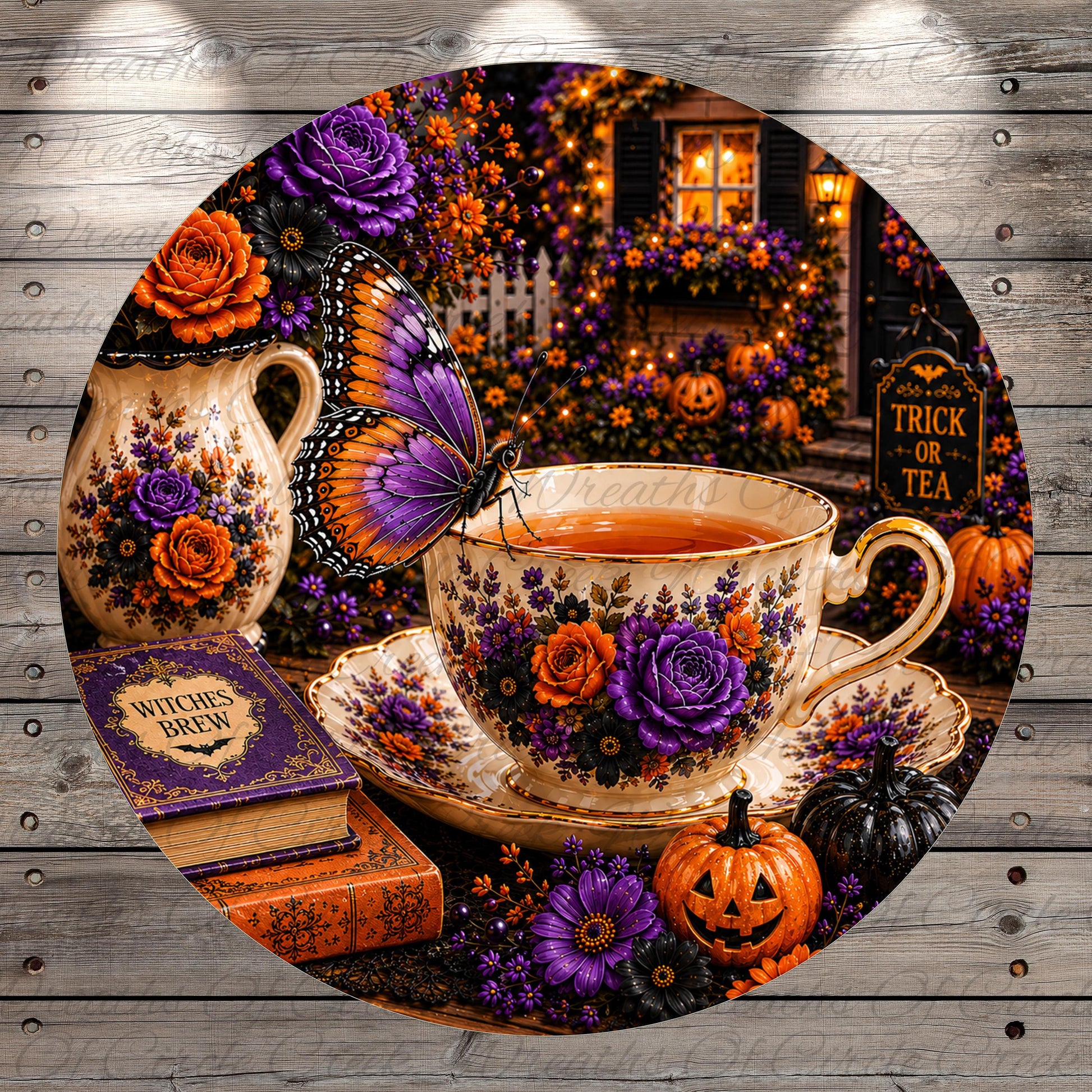 A whimsical Halloween-themed still life featuring a teacup with a butterfly, a pumpkin, a book, and other autumn-themed decorations.