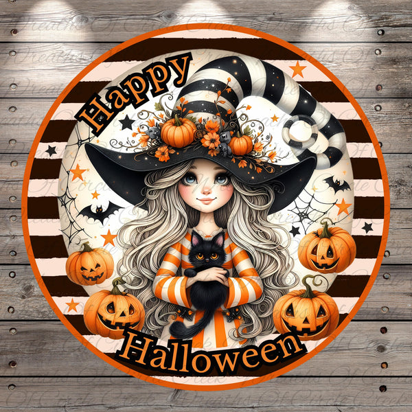 A round Halloween-themed sticker featuring a young girl with long, curly hair wearing a witch's hat, holding a black cat, surrounded by jack-o-lanterns and a spider web.