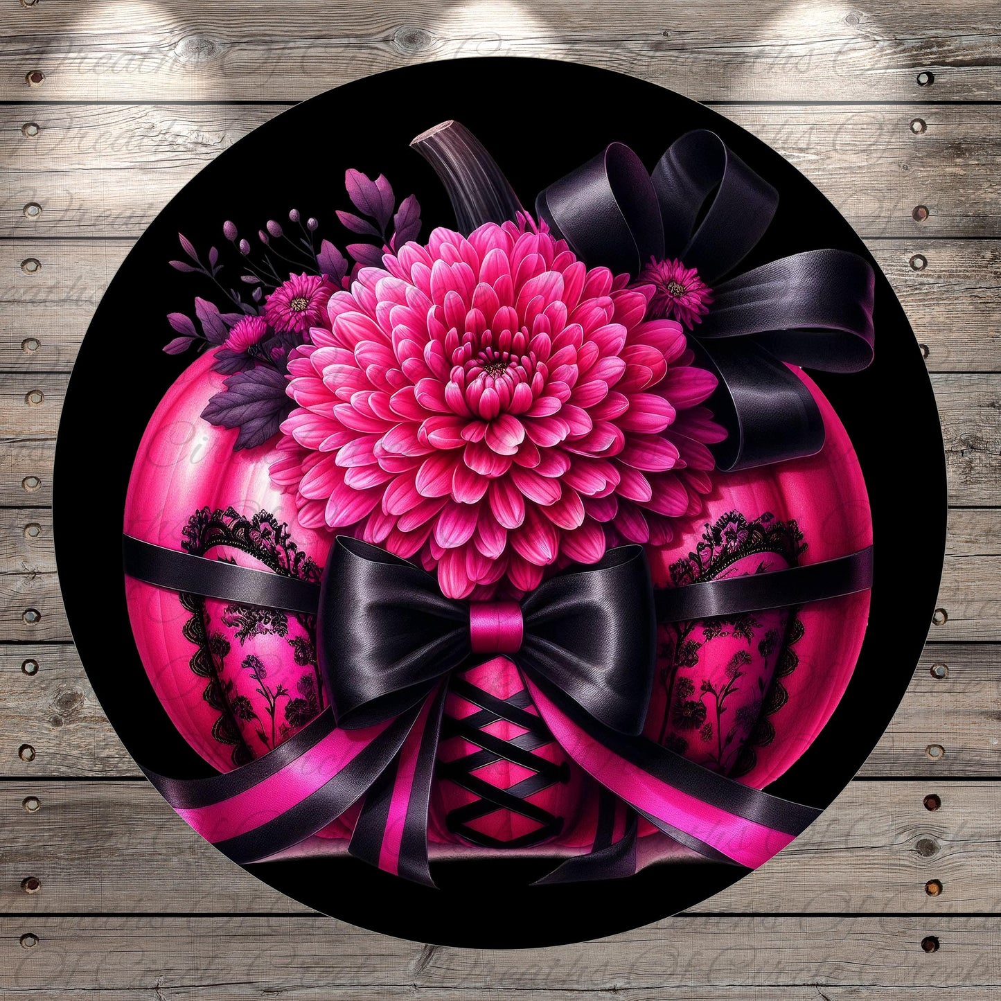 A large, vibrant pink flower with a black ribbon and lace-up design sits atop a pink and black corset-style bust.