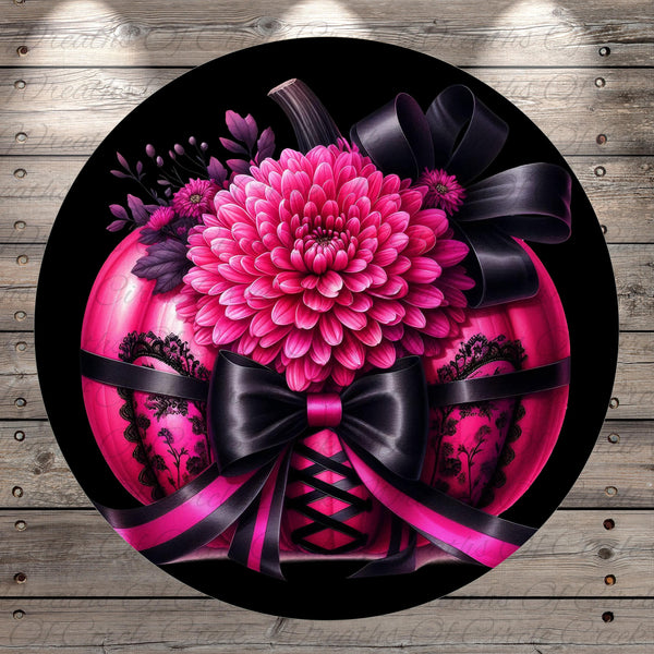 A large, vibrant pink flower with a black ribbon and lace-up design sits atop a pink and black corset-style bust.