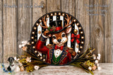 A decorative wreath featuring a cartoon deer wearing a top hat and bowtie, surrounded by flowers and greenery.