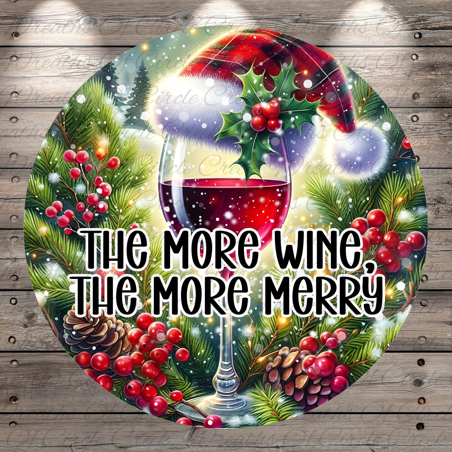 A festive Christmas-themed image with a glass of red wine, pine cones, berries, and a Santa hat, along with the text "The more wine, the more merry".