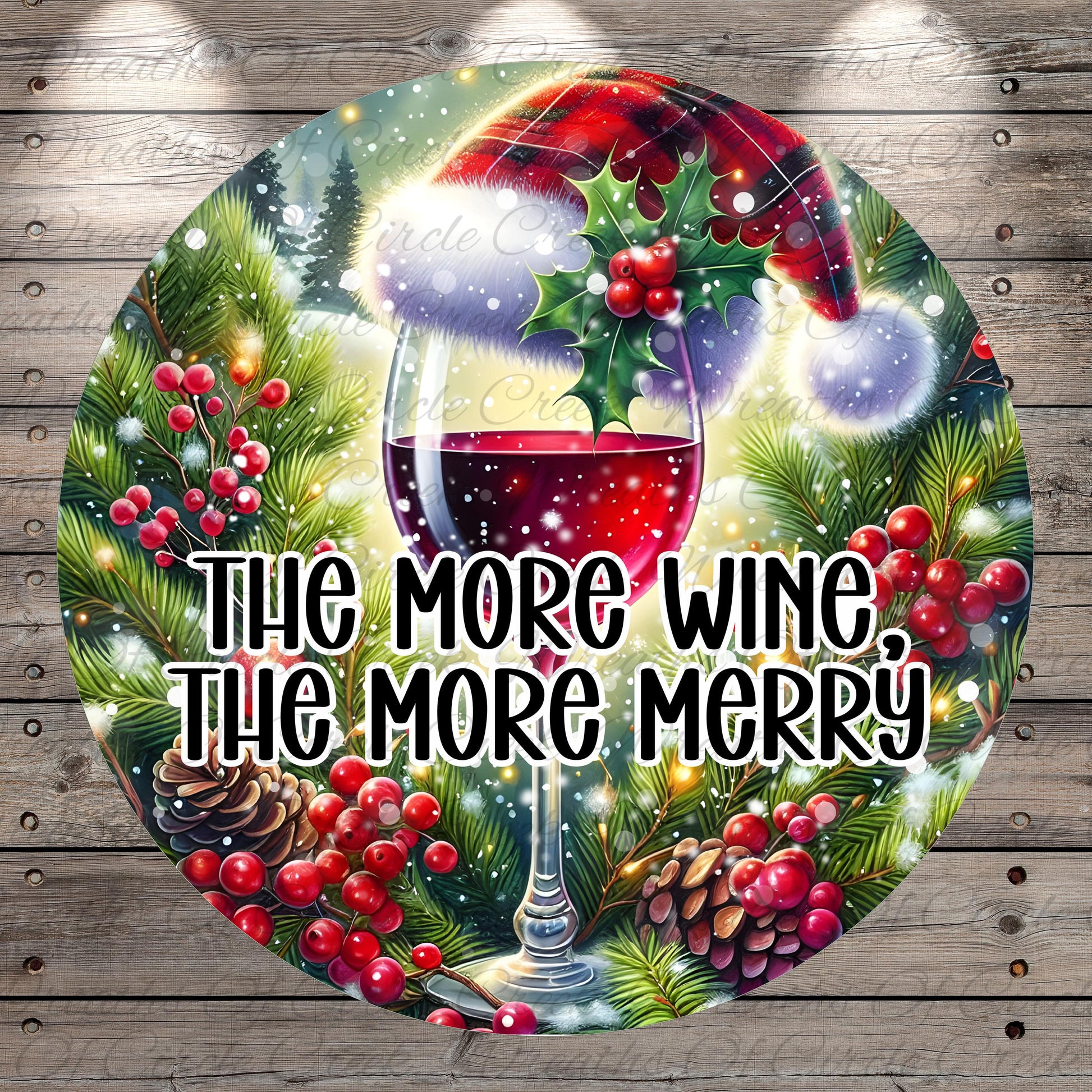 A festive Christmas-themed image with a glass of red wine, pine cones, berries, and a Santa hat, along with the text "The more wine, the more merry".