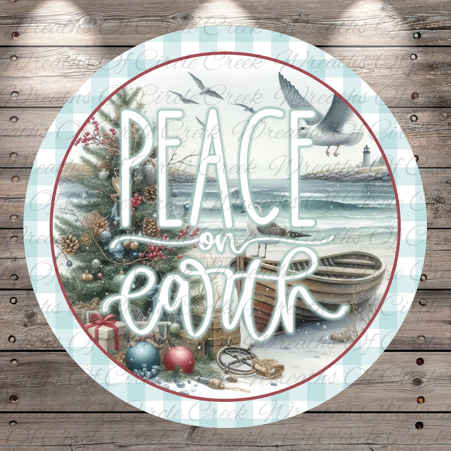 A circular design with a Christmas tree, ornaments, and a lighthouse in the background, along with the text "PEACE on earth" written in a decorative font.