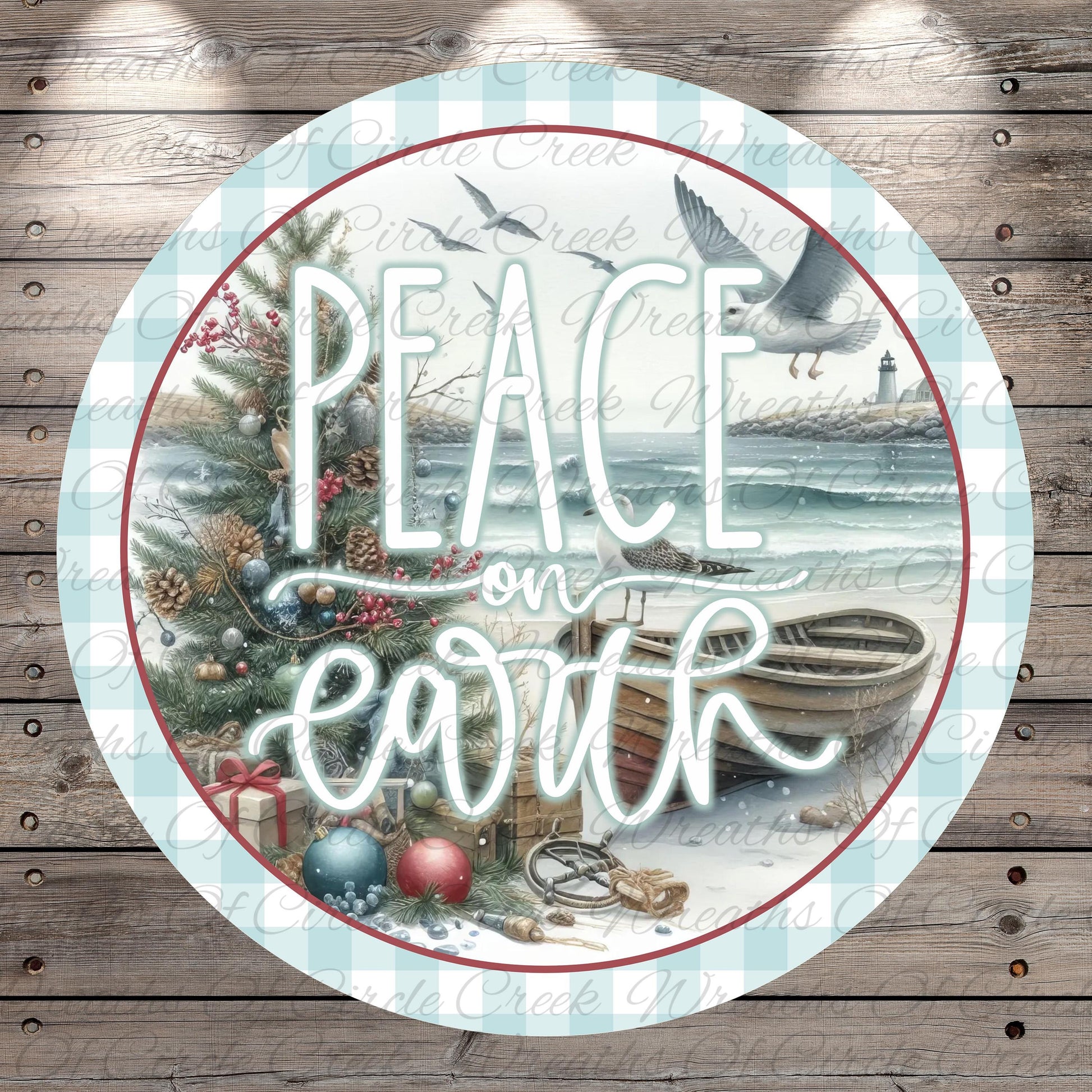 A circular design with a Christmas tree, ornaments, and a lighthouse in the background, along with the text "PEACE on earth" written in a decorative font.