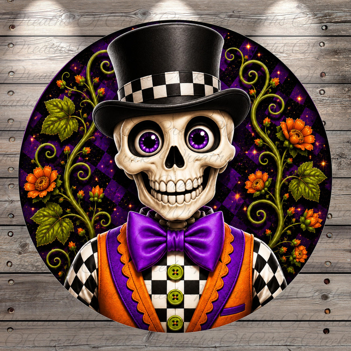 A colorful and whimsical illustration of a skeleton wearing a top hat and bow tie, surrounded by a vibrant floral and leafy background.