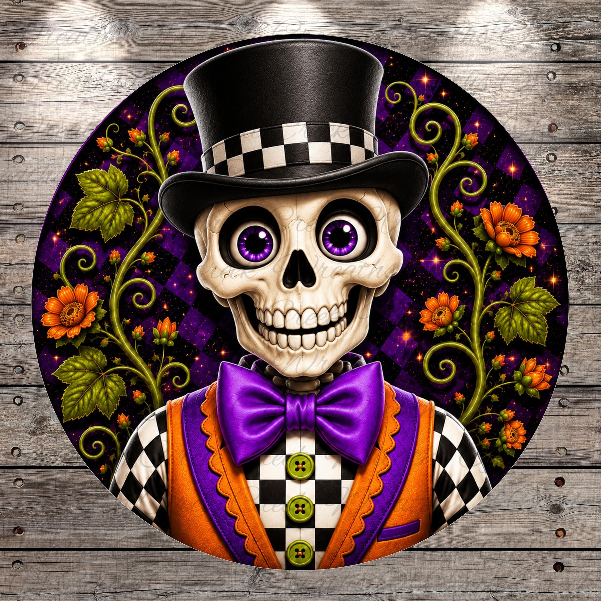 A colorful and whimsical illustration of a skeleton wearing a top hat and bow tie, surrounded by a vibrant floral and leafy background.