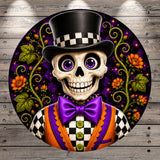A colorful and whimsical illustration of a skeleton wearing a top hat and bow tie, surrounded by a vibrant floral and leafy background.