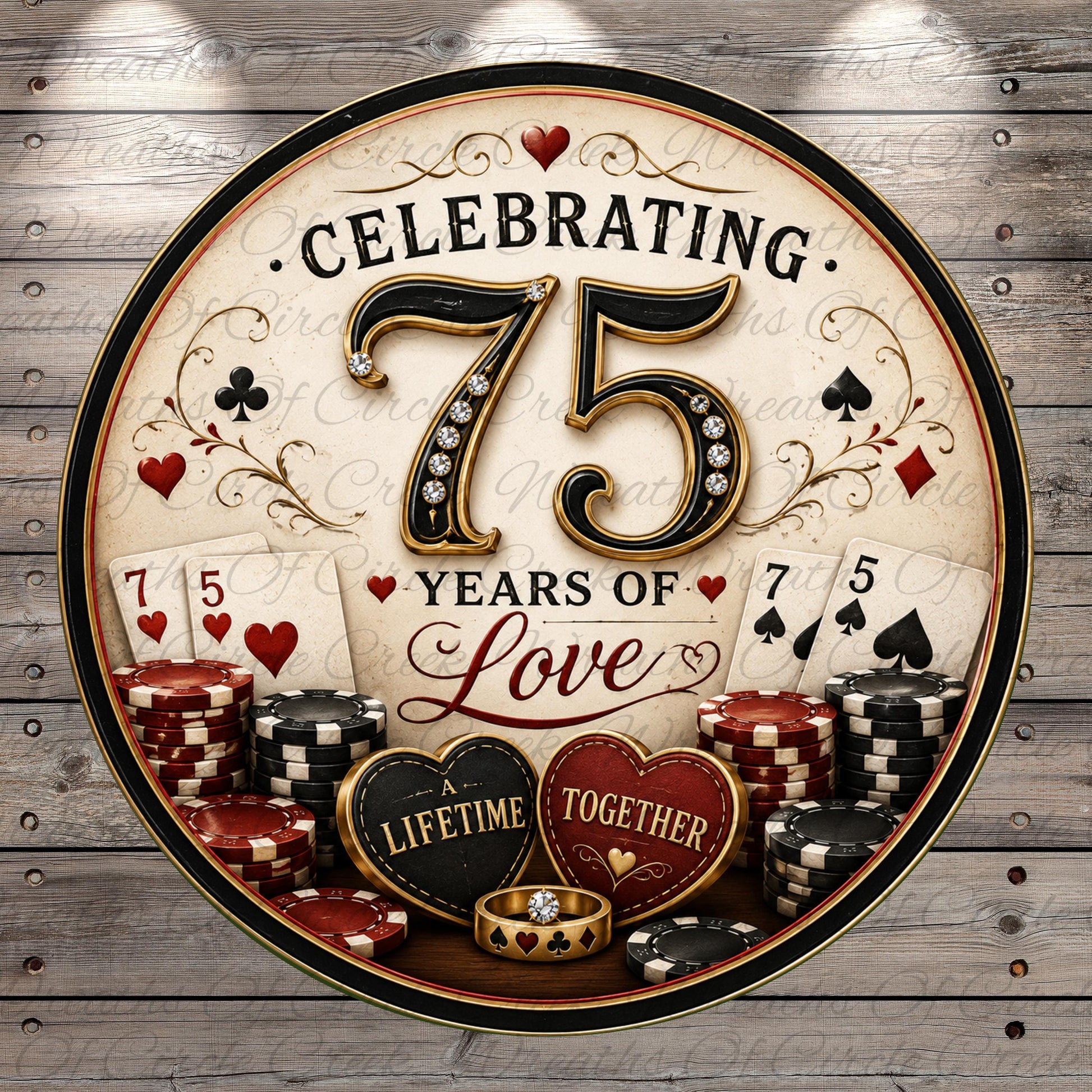 The image is a round graphic celebrating 75 years of love, featuring a clock, poker chips, hearts, and the text "CELEBRATING 75 YEARS OF LOVE" surrounded by casino-themed elements.