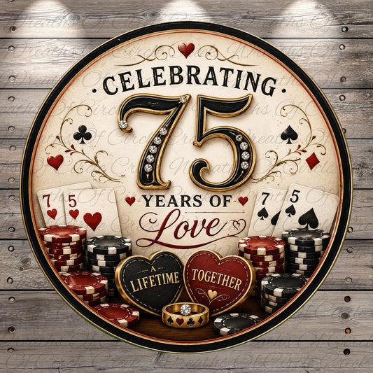The image is a round graphic celebrating 75 years of love, featuring a clock, poker chips, hearts, and the text "CELEBRATING 75 YEARS OF LOVE" surrounded by casino-themed elements.
