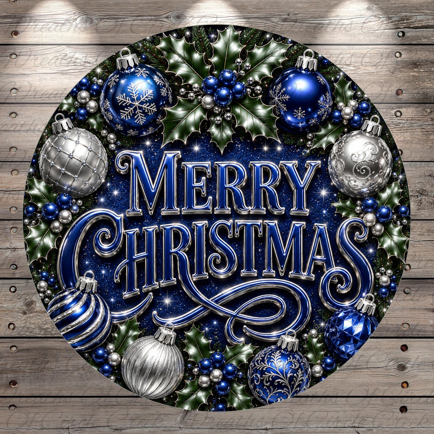 A circular arrangement of Christmas ornaments and holly leaves, with the text "Merry Christmas" prominently displayed in the center.