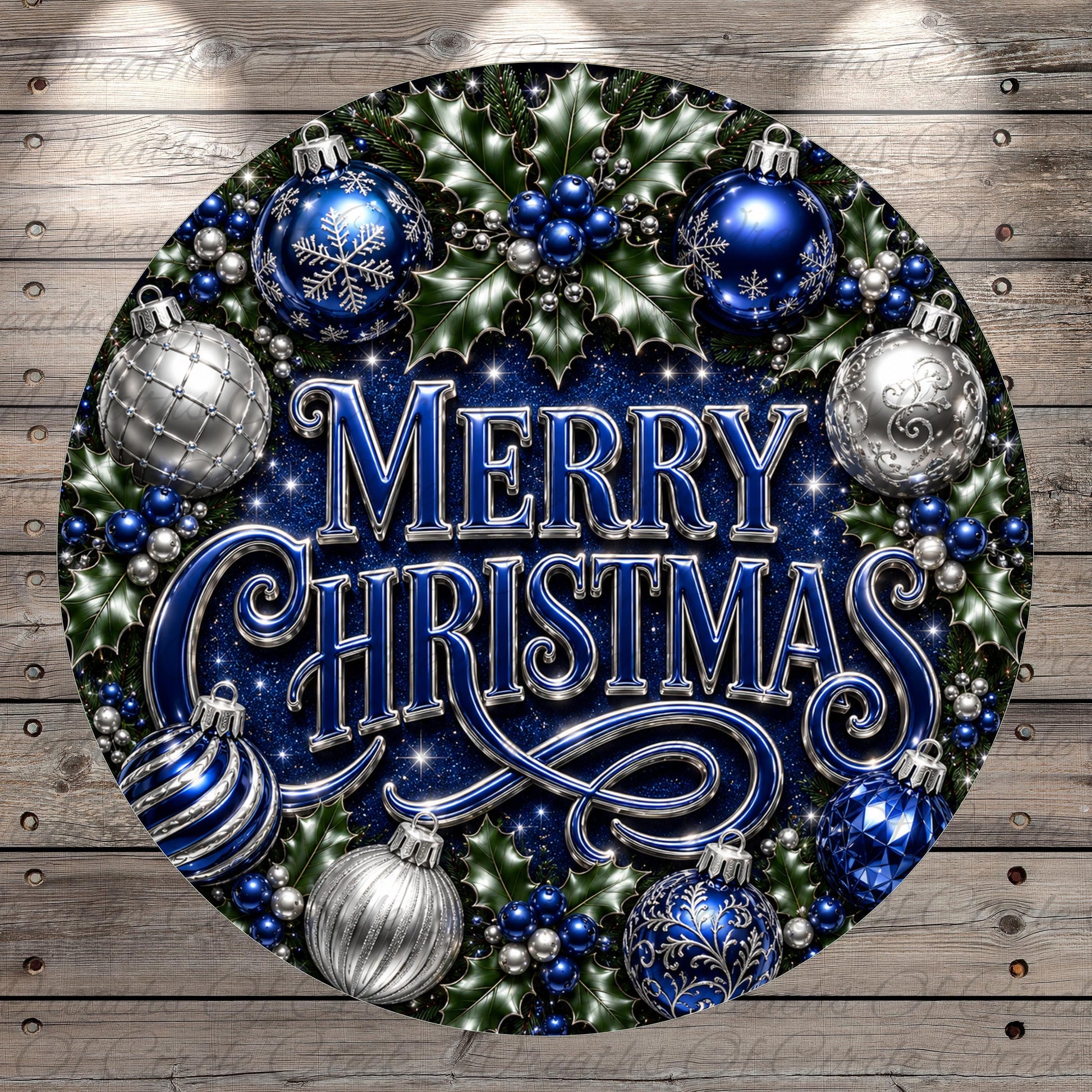 A circular arrangement of Christmas ornaments and holly leaves, with the text "Merry Christmas" prominently displayed in the center.