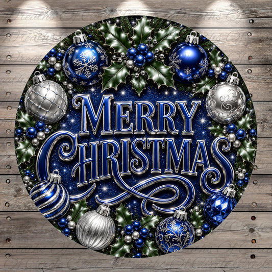 A circular arrangement of Christmas ornaments and holly leaves, with the text "Merry Christmas" prominently displayed in the center.