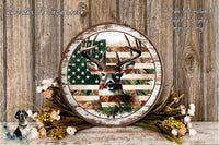 American Flag Buck Deer | Lightweight Round Metal Wreath Sign | No Holes in Sign | Rustic Hunting Decor