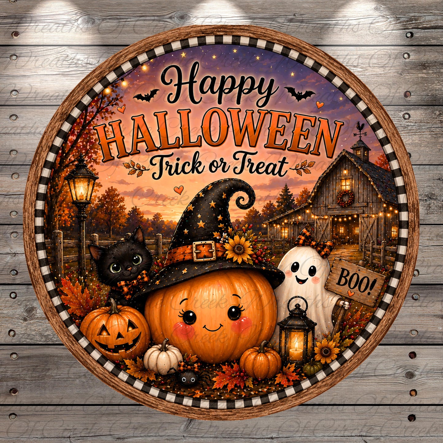 A Halloween-themed round sign with a pumpkin, cat, ghost, and lantern, surrounded by autumn leaves and flowers, with a barn and trees in the background.