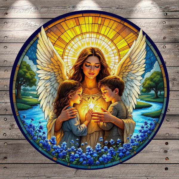 A stained glass image depicting an angel holding a child in her arms, with a radiant sunburst above them, surrounded by blue flowers and a serene landscape.
