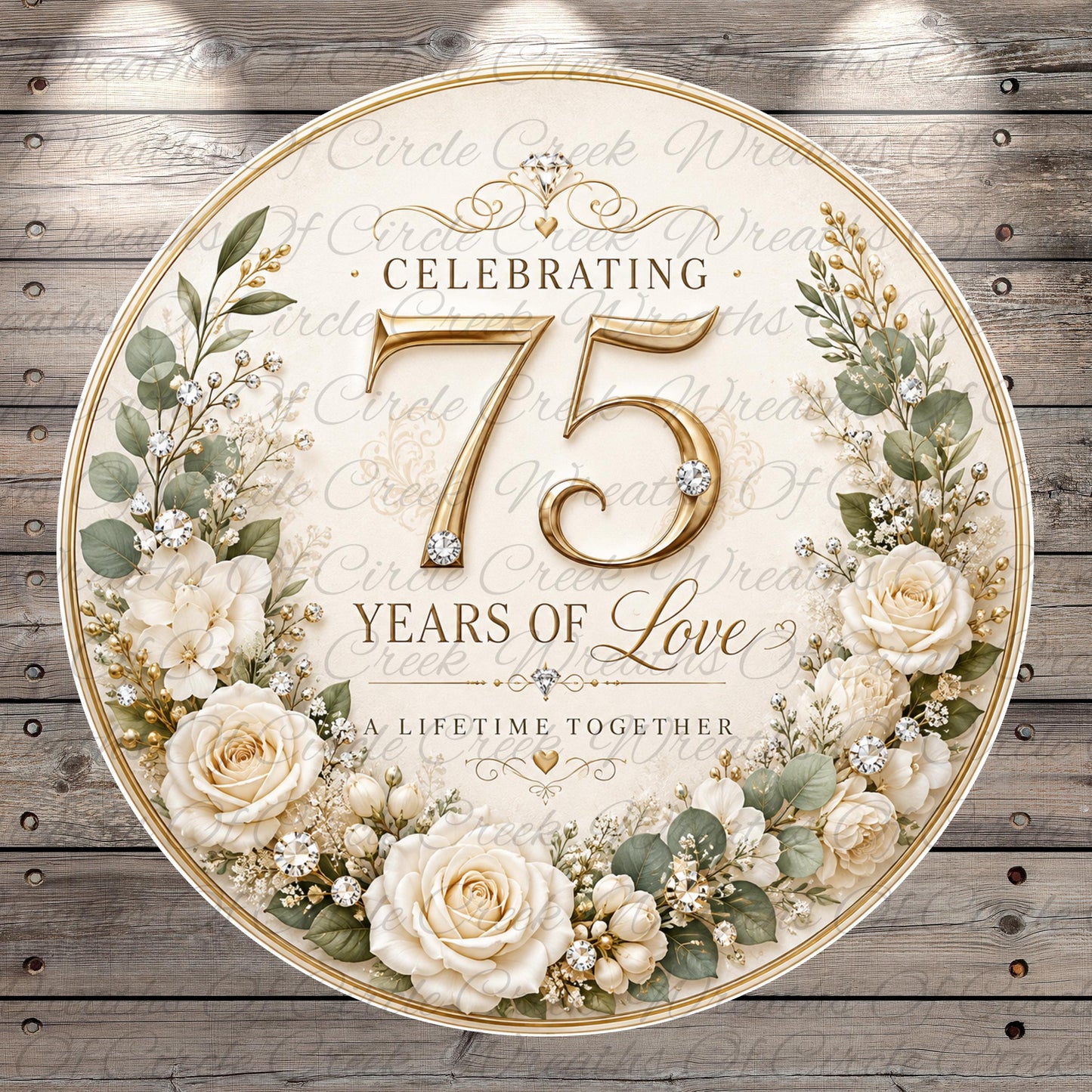 The image is a round sign celebrating 75 years of love, featuring a floral wreath design with white roses and greenery.