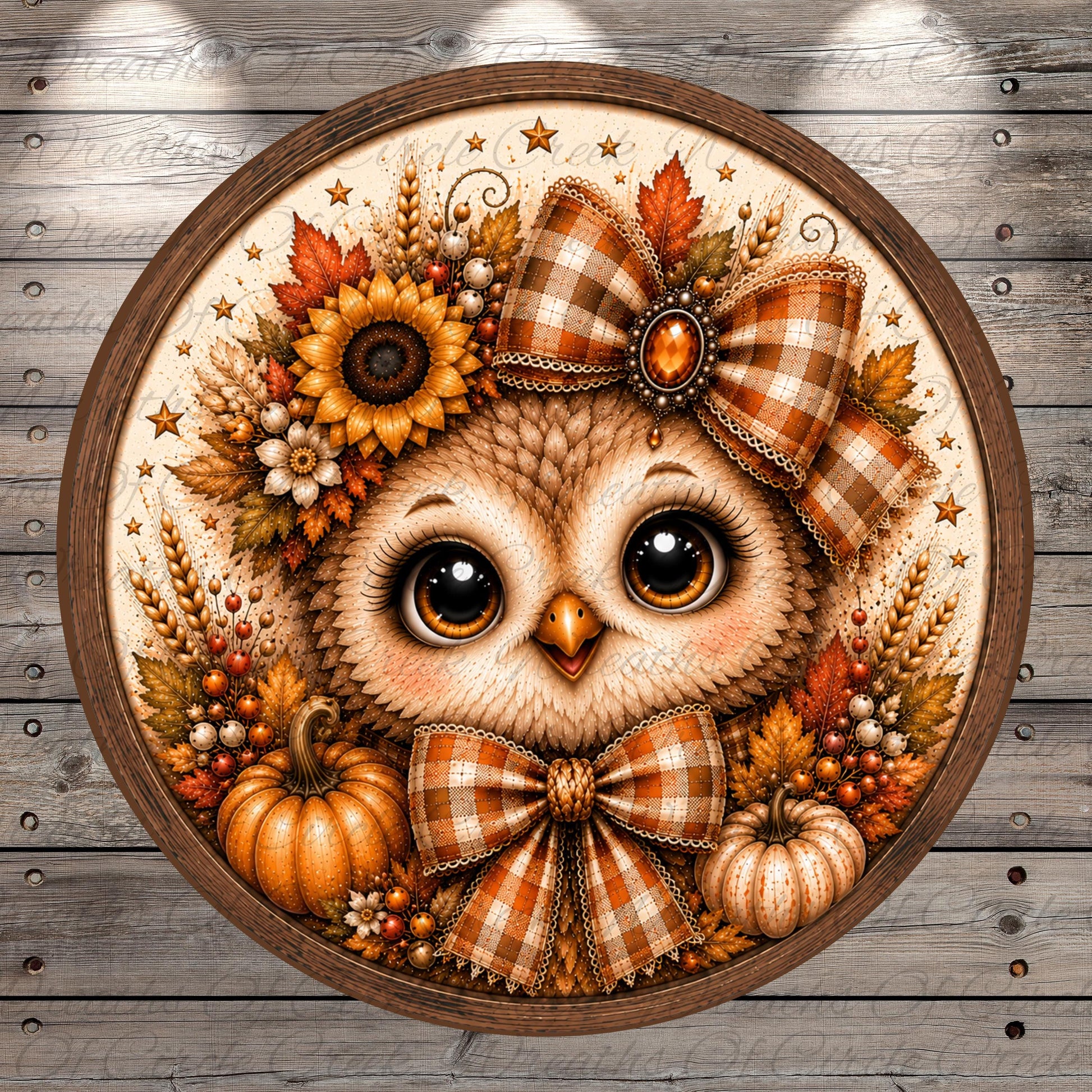 A decorative circular frame with a detailed illustration of an owl wearing a plaid bow and surrounded by autumn-themed elements such as sunflowers, pumpkins, and leaves.