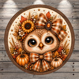 A decorative circular frame with a detailed illustration of an owl wearing a plaid bow and surrounded by autumn-themed elements such as sunflowers, pumpkins, and leaves.