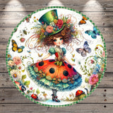 A whimsical illustration of a young girl with curly hair, wearing a colorful hat and dress, surrounded by a variety of flowers, butterflies, and ladybugs.