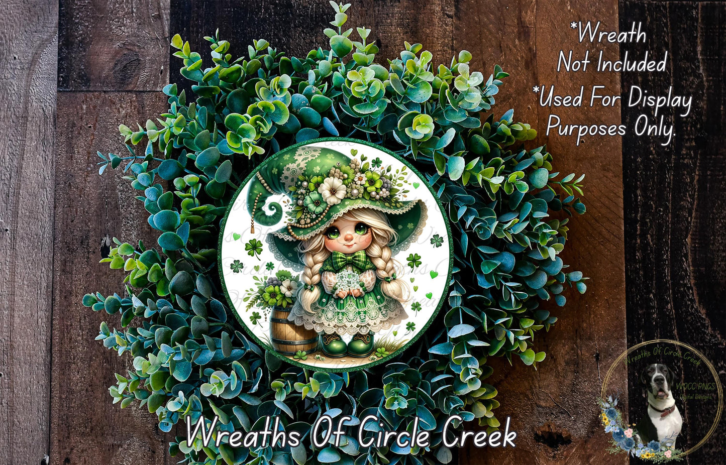 A wreath featuring a cartoon girl wearing a green hat and dress, surrounded by a lush green plant.
