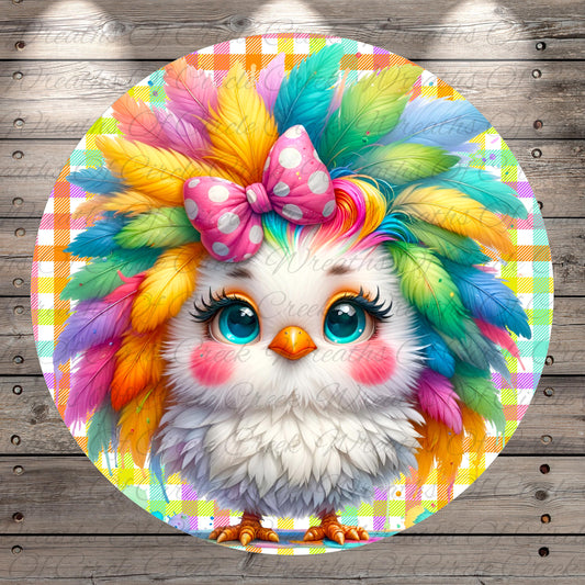 A colorful illustration of a bird with a large, vibrant feathered hat and a pink bow on its head, set against a checkered background.