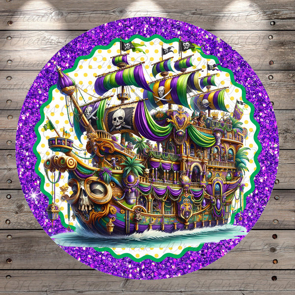 A colorful and whimsical illustration of a pirate ship adorned with various decorations and flags, set against a purple and green background with a glittery border.