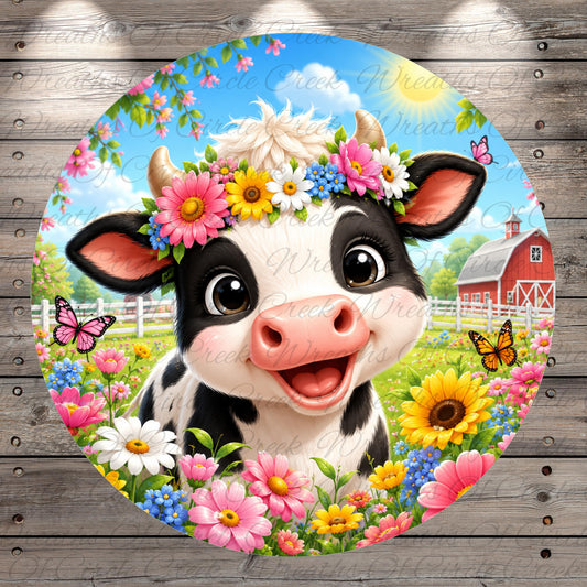 A cheerful cow with a flower crown is surrounded by a vibrant garden filled with colorful flowers, butterflies, and a red barn in the background.