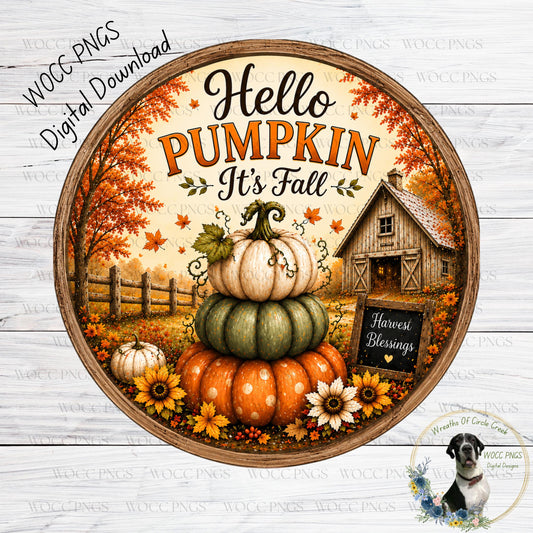 The image is a decorative plate featuring a fall-themed design with a barn, pumpkins, flowers, and a sign that says "Harvest Blessings".