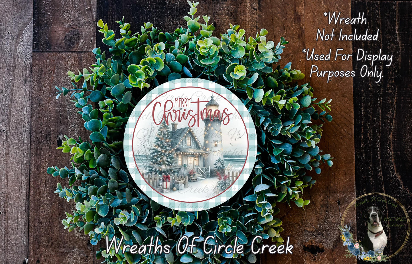 Merry Christmas Lighthouse Wreath Sign | Lightweight Round Metal Wreath Sign | No Holes in Sign | Coastal Holiday Door Decor