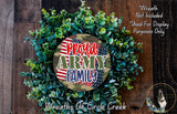 a wreath made of green leaves and a patriotic American flag design, with the text "Proud Army Family" prominently displayed in the center.