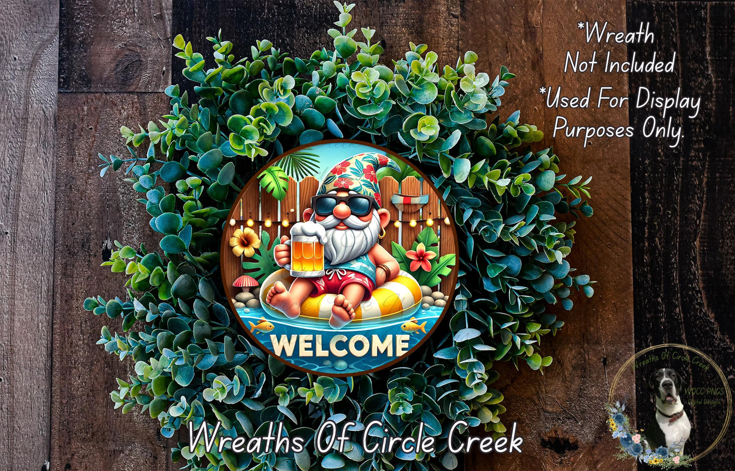 A wreath featuring a gnome holding a beer and surrounded by greenery, with the word "WELCOME" displayed on the wreath.