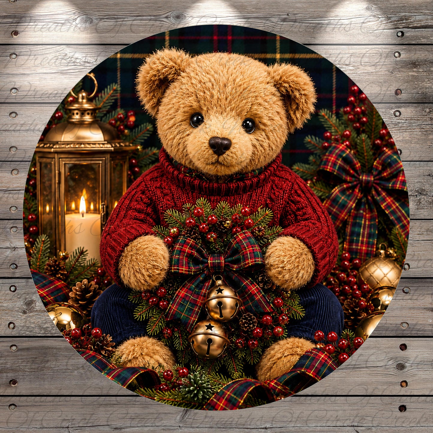 A teddy bear wearing a red sweater sits amidst Christmas decorations, including a lantern, pine cones, and berries, creating a festive and cozy scene.
