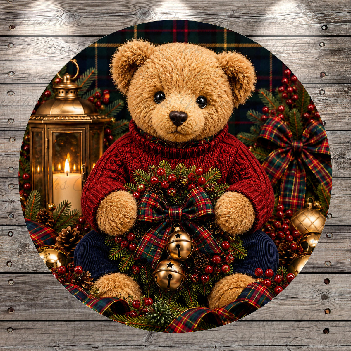 A teddy bear wearing a red sweater sits amidst Christmas decorations, including a lantern, pine cones, and berries, creating a festive and cozy scene.