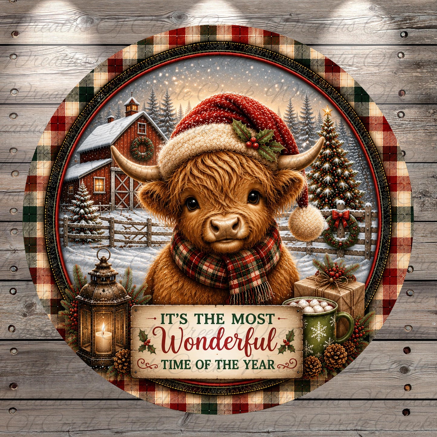 A round, decorative plate featuring a brown cow wearing a Santa hat and scarf, surrounded by holiday decorations such as a lantern, pine cones, and a Christmas tree. The plate has a festive, holiday-themed design with a barn and snow in the background.