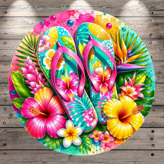A vibrant and colorful illustration featuring a pair of pink flip-flops surrounded by tropical flowers, leaves, and a wooden background.