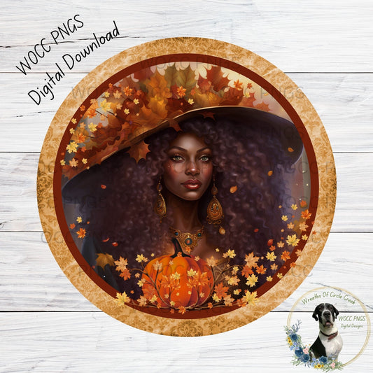 Mystical, Fall Women, African American, Pumpkin, Fall Leaves, Gold, Orange, Burgundy, Round, PNG, Sublimation, Printable, DIGITAL DOWNLOAD