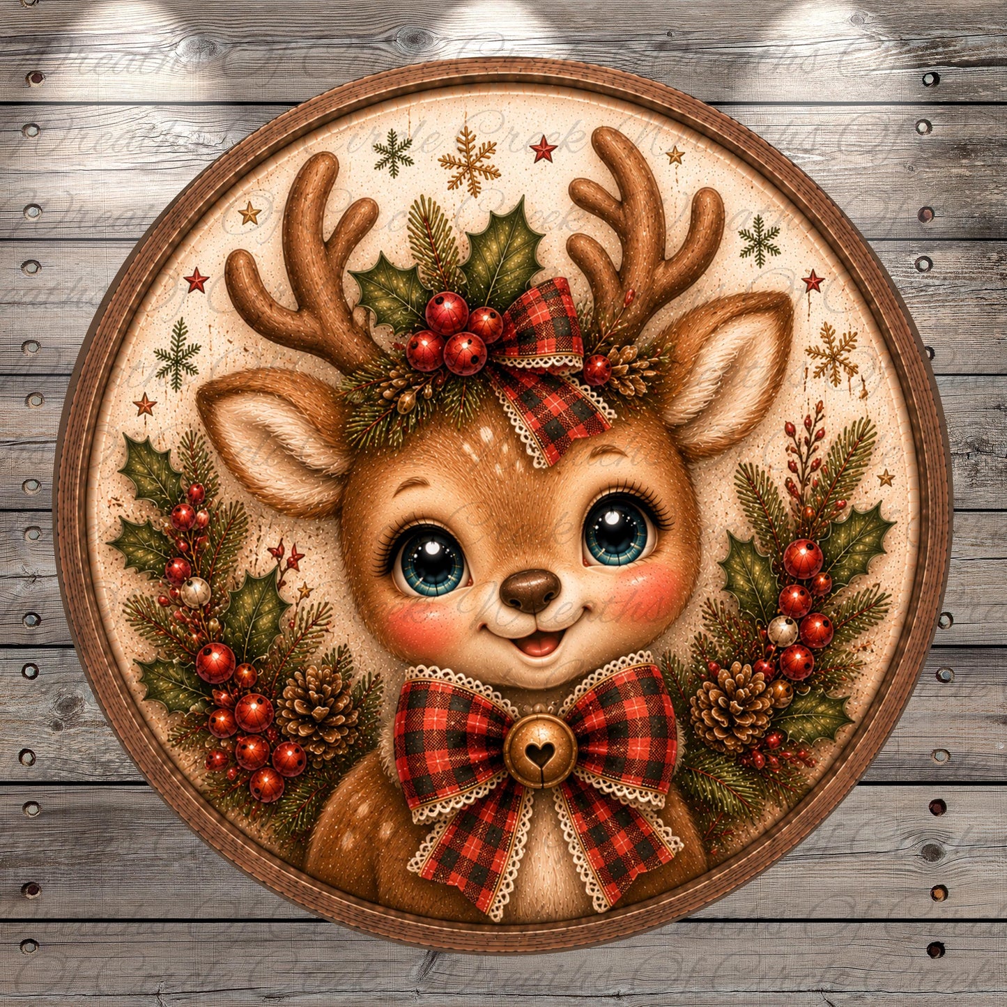 A decorative Christmas-themed image featuring a smiling deer with antlers, a bow, and berries, all set against a wooden background.