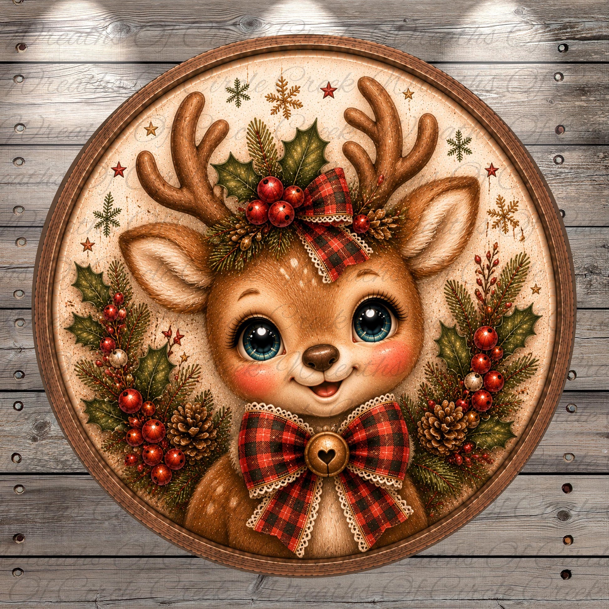 A decorative Christmas-themed image featuring a smiling deer with antlers, a bow, and berries, all set against a wooden background.