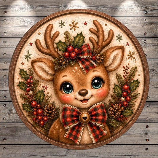 A decorative Christmas-themed image featuring a smiling deer with antlers, a bow, and berries, all set against a wooden background.