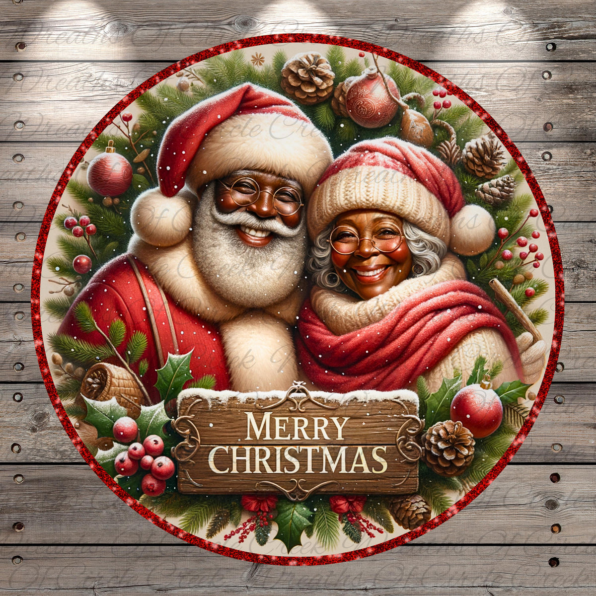Santa Claus and Grandma are depicted in a festive holiday scene, surrounded by Christmas decorations and a wreath. The text "Merry Christmas" is prominently displayed in the center of the image.
