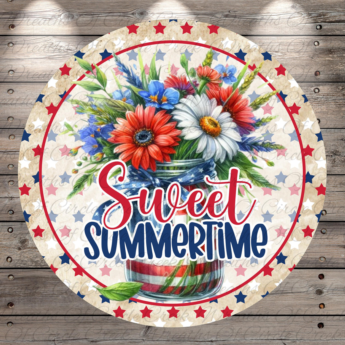 A circular design featuring a vase filled with colorful flowers, surrounded by a border of stars and the text "Sweet Summertime" in a stylized font.