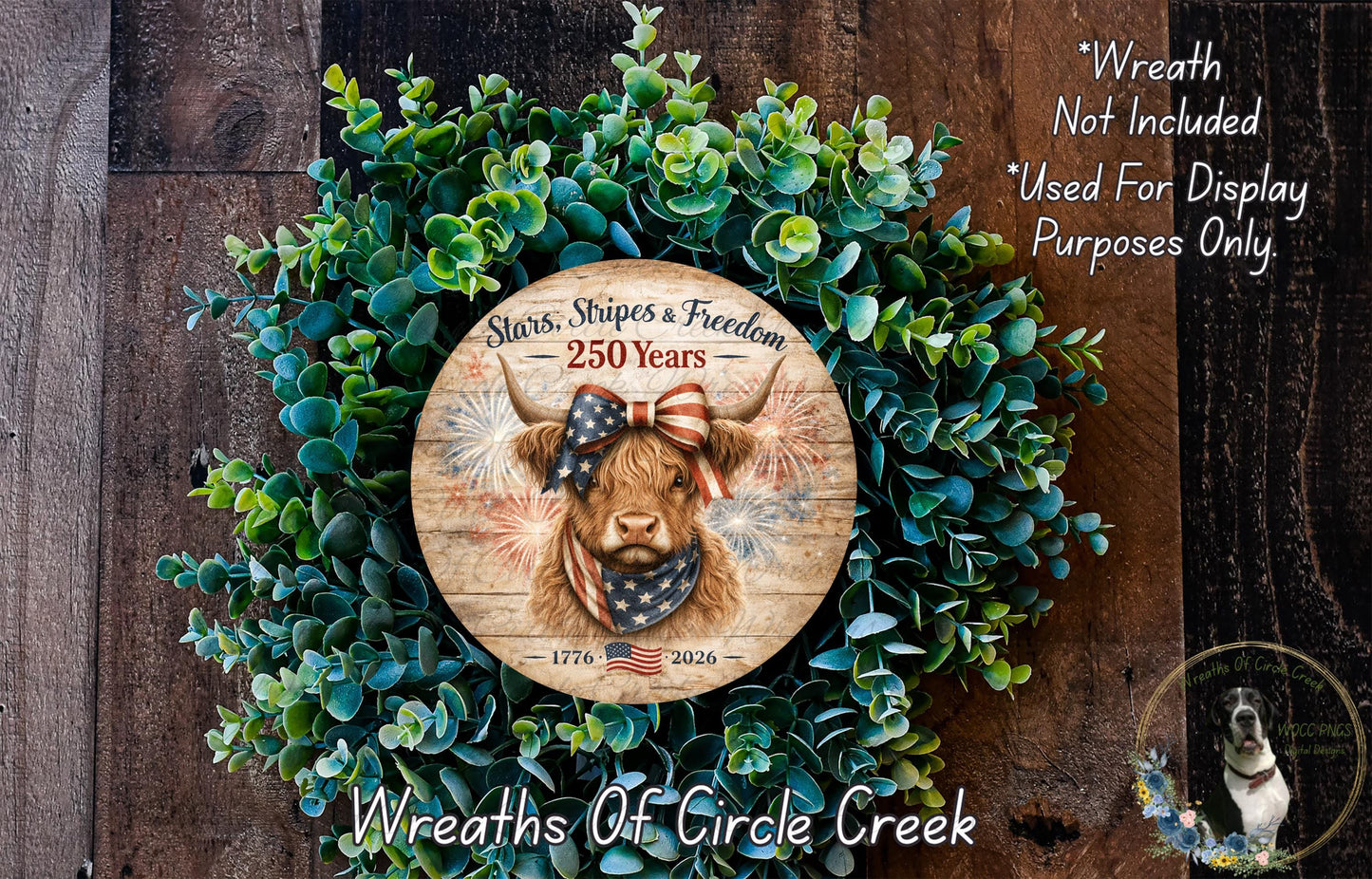 a wreath with a bull's head and fireworks, surrounded by greenery, with a sign that reads "Stories of Freedom 250 Years" and "1776-2029".