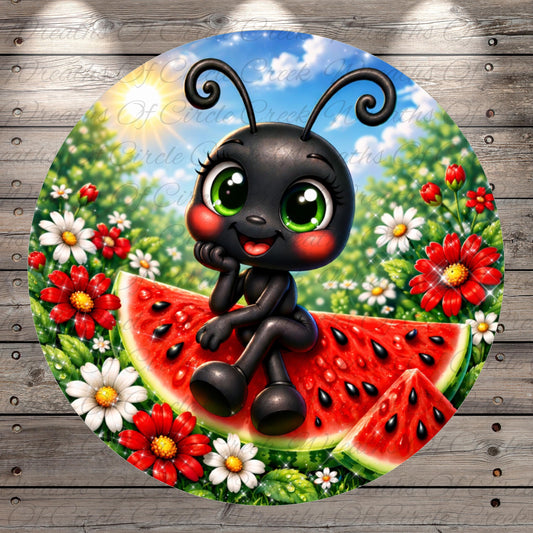 A whimsical illustration of a black ladybug sitting on a slice of watermelon surrounded by flowers and a blue sky with clouds.