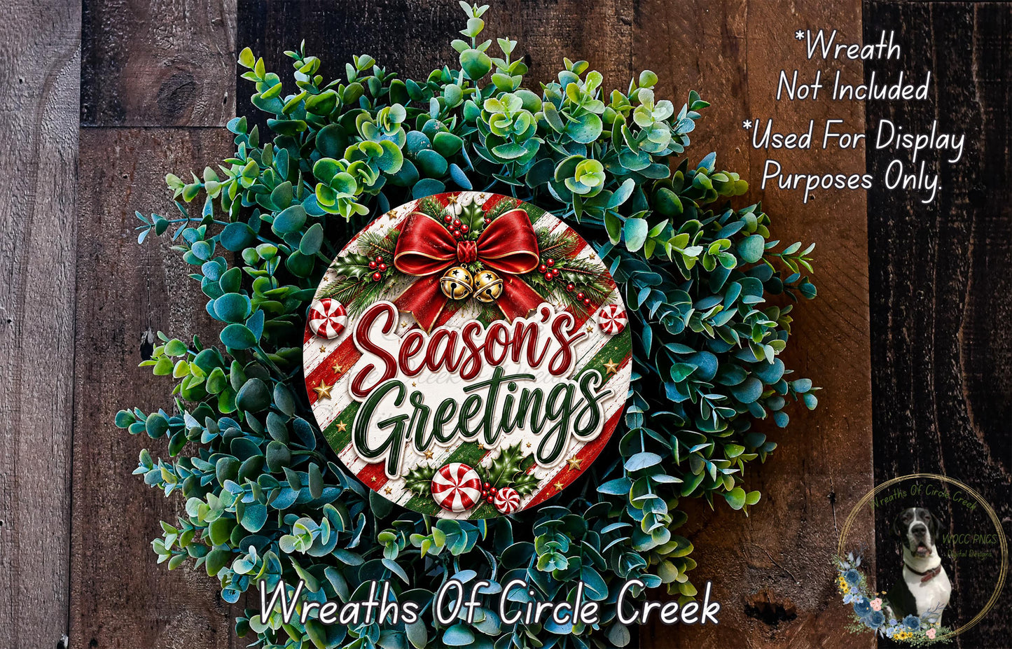 A festive wreath made of evergreen branches and a red bow, with the text "Season's Greetings" displayed on it.