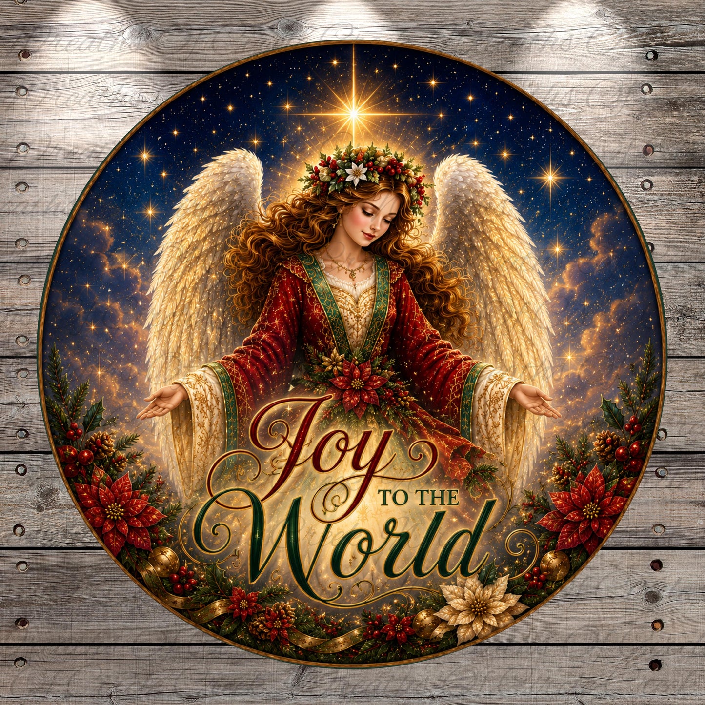 A circular Christmas-themed illustration featuring a woman with long, curly hair and wings, wearing a red and gold dress, surrounded by flowers and greenery. The text "Joy to the World" is prominently displayed in the center of the image.
