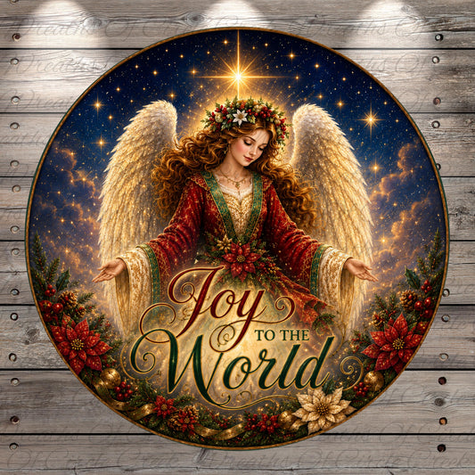 A circular Christmas-themed illustration featuring a woman with long, curly hair and wings, wearing a red and gold dress, surrounded by flowers and greenery. The text "Joy to the World" is prominently displayed in the center of the image.