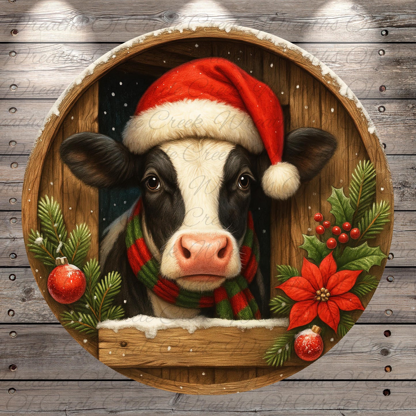 A black and white cow wearing a Santa hat and scarf peeks out from behind a wooden frame adorned with Christmas decorations, including poinsettias and ornaments.