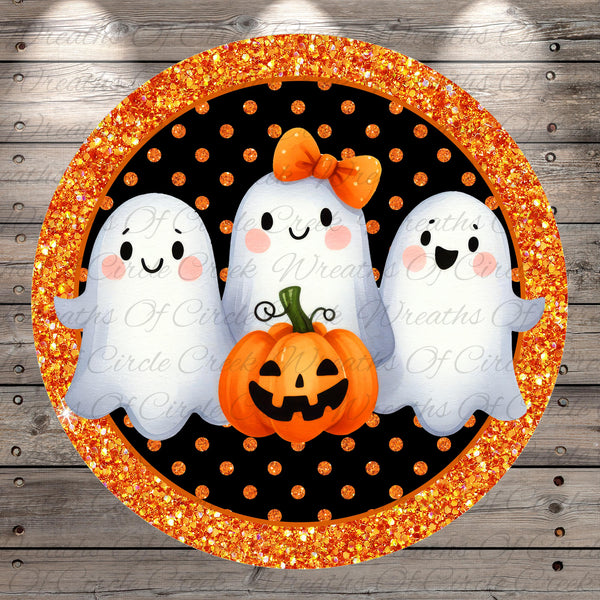 A Halloween-themed illustration featuring three cheerful ghost characters with a carved pumpkin in the center, all set against a glittery black and orange background.